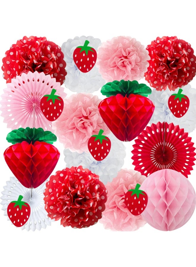 Mordely Strawberry Party Decorations Red Pink White Tissue Pom Poms Fans Honeycom Balls Lanterns Garland Classroom Berry Sweet Fruits 1st One Birthday Bridal Baby Shower Décor Supplies Girls - Image 1
